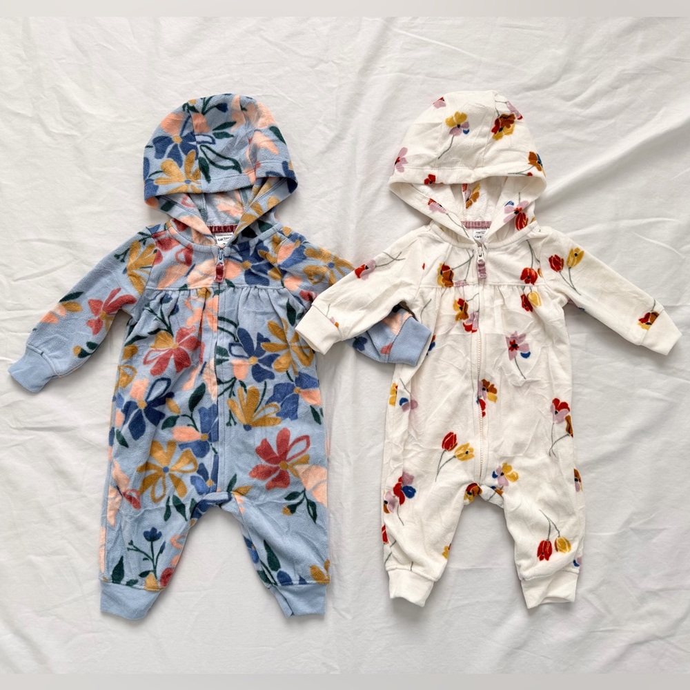 Carters Bundle | 2 Infant Girls Fleece Zip Hooded Jumpsuit | 3 months | Floral